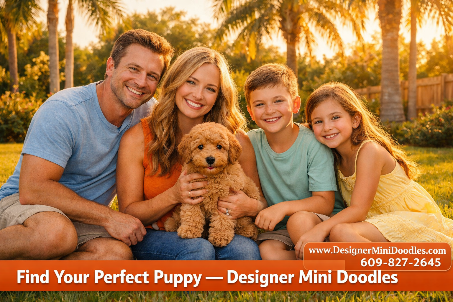 () showing a happy Florida family with two children sitting on green grass in a sunny Orlando backyard, holding a fluffy