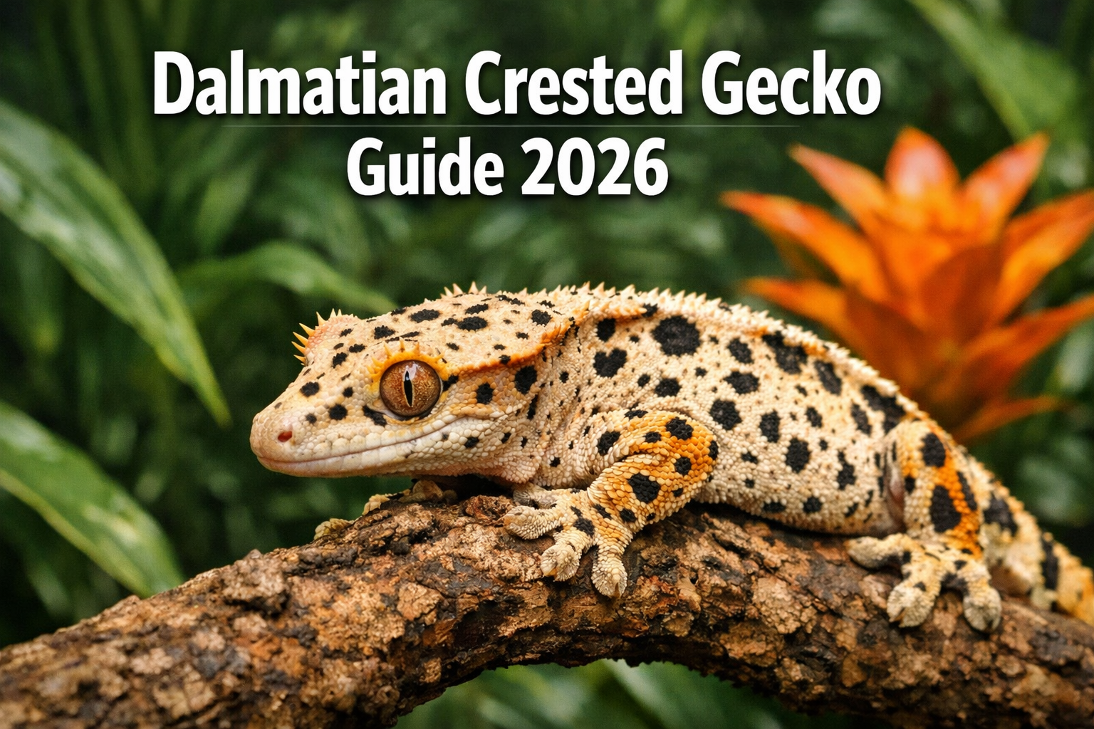Professional landscape format (1536x1024) hero image featuring bold text overlay 'Dalmatian Crested Gecko Guide 2026' in extra large 72pt wh