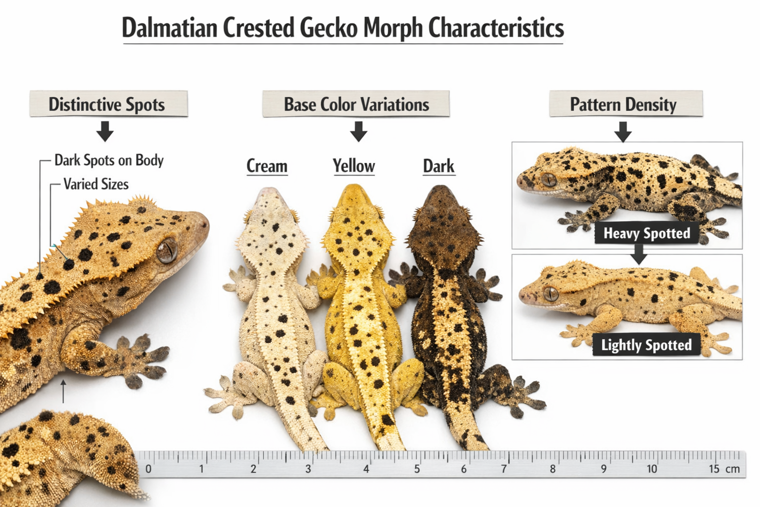 Detailed landscape format (1536x1024) image showing dalmatian crested gecko morph characteristics with side-by-side comparison photos highli