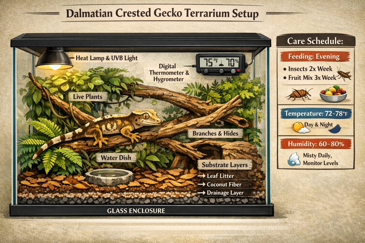 Comprehensive landscape format (1536x1024) terrarium setup diagram showing complete dalmatian crested gecko habitat with labeled components: