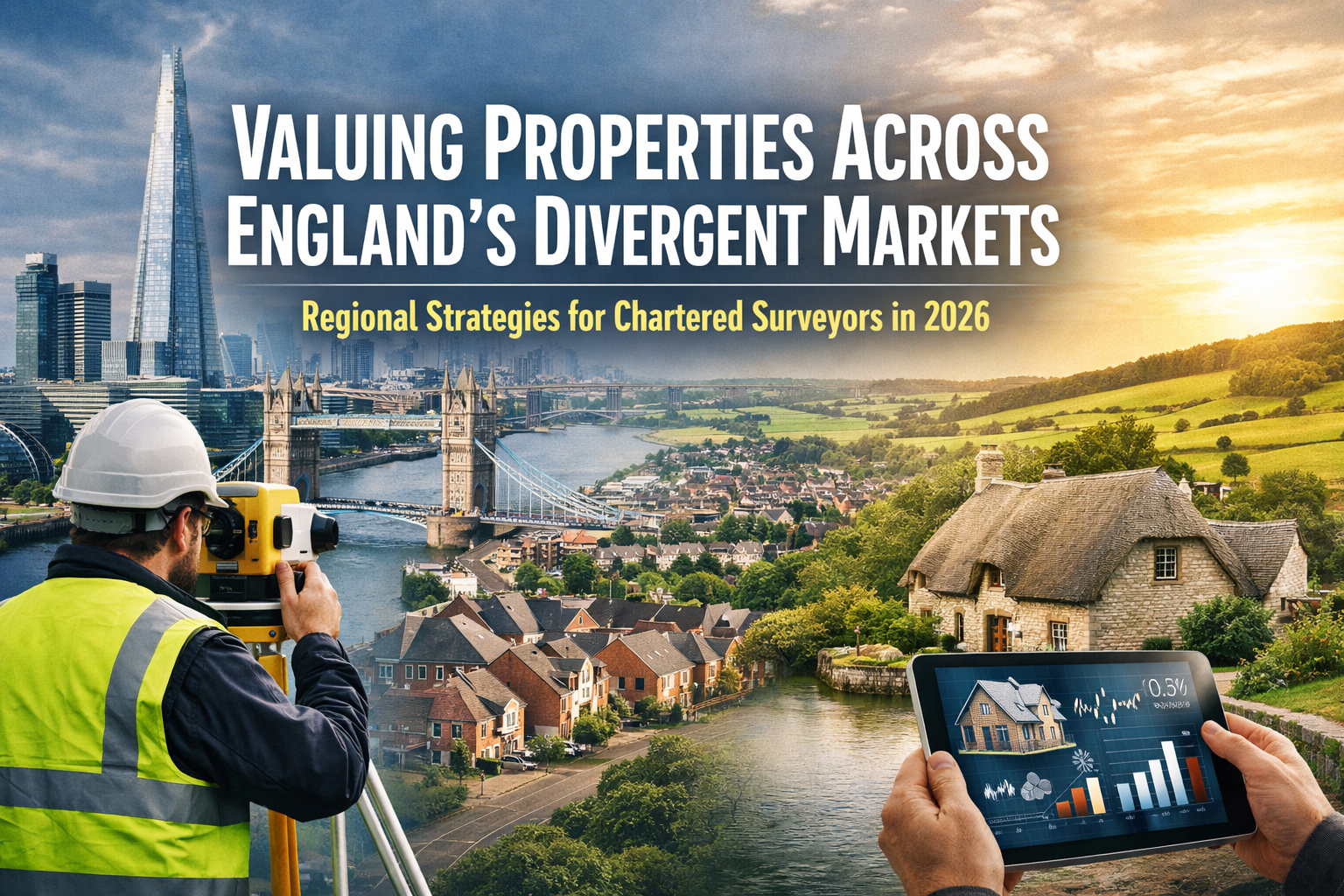 Professional landscape hero image (1536x1024) with bold text overlay: "Valuing Properties Across England's Divergent Markets: Regional Strat