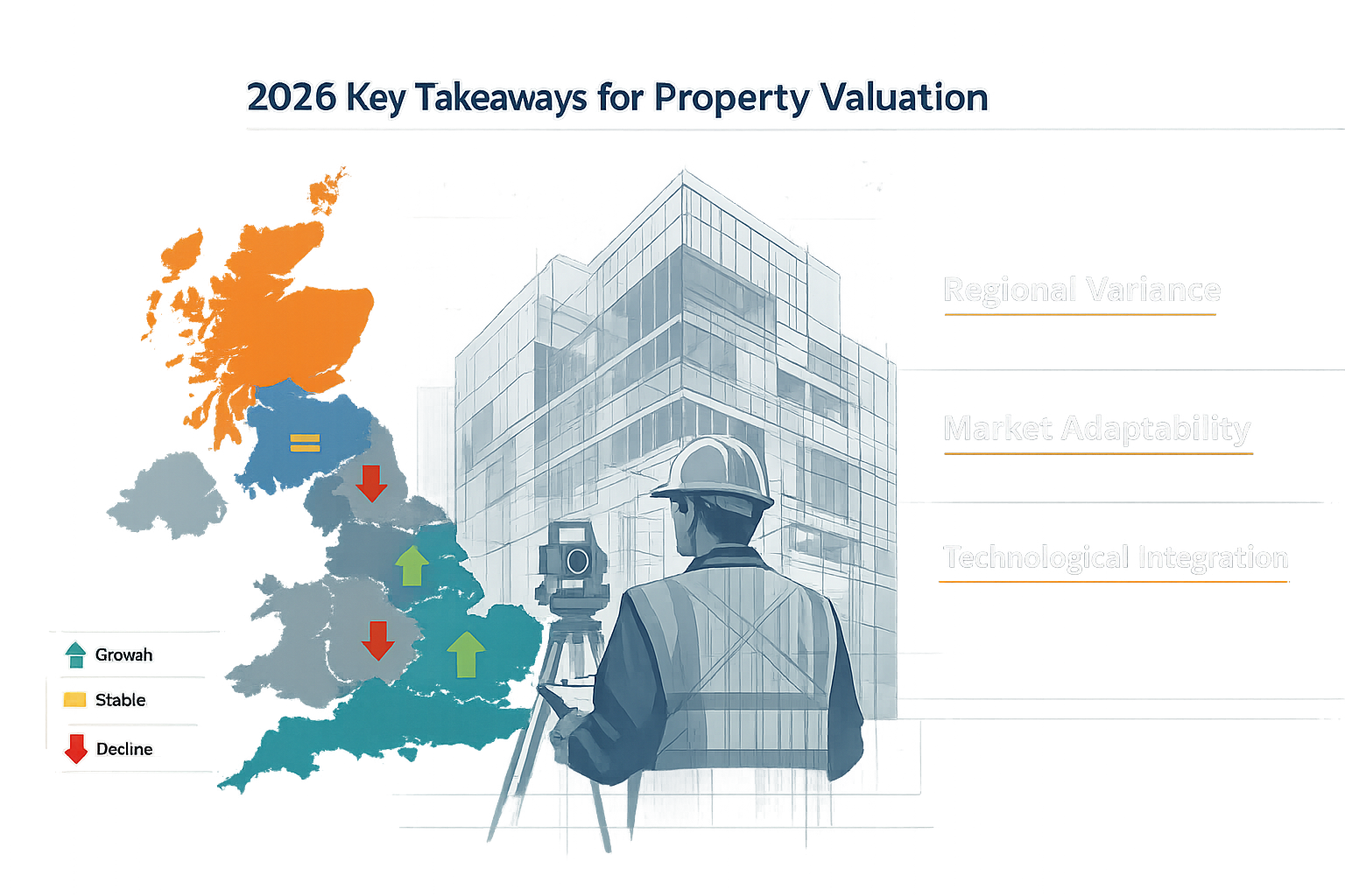 Landscape editorial infographic (1536x1024) showcasing '2026 Key Takeaways for Property Valuation' with split-screen design. Left side featu