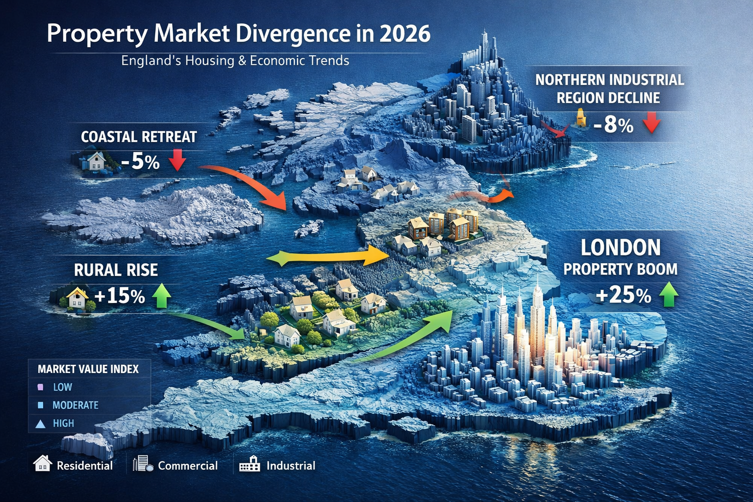 Comprehensive geographical visualization depicting England's property market divergence in 2026, landscape orientation (1536x1024). Topograp