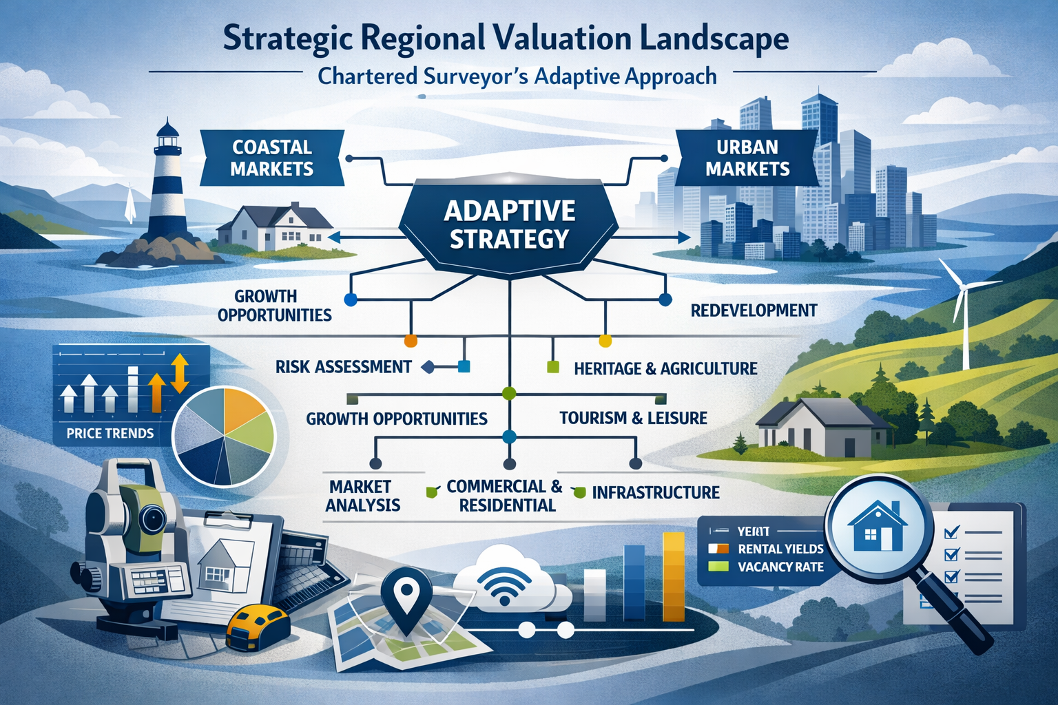 Strategic regional valuation landscape visualization (1536x1024) illustrating chartered surveyor's adaptive approach. Central image shows ad