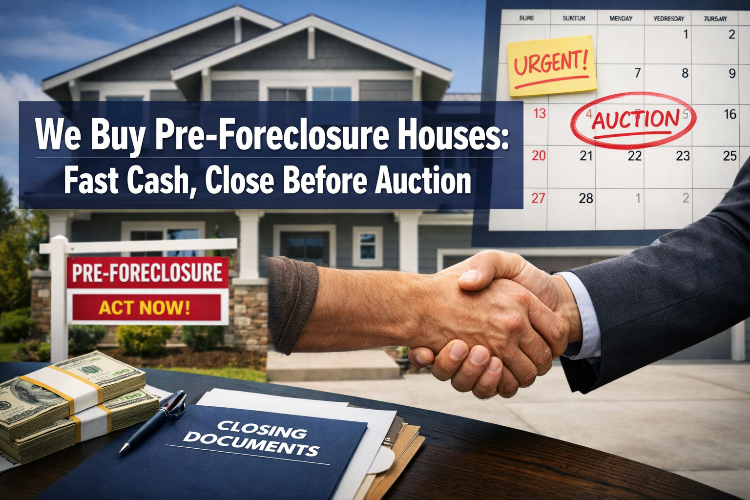 Professional landscape hero image (1536x1024) featuring bold text overlay 'We Buy Pre-Foreclosure Houses: Fast Cash, Close Before Auction' i