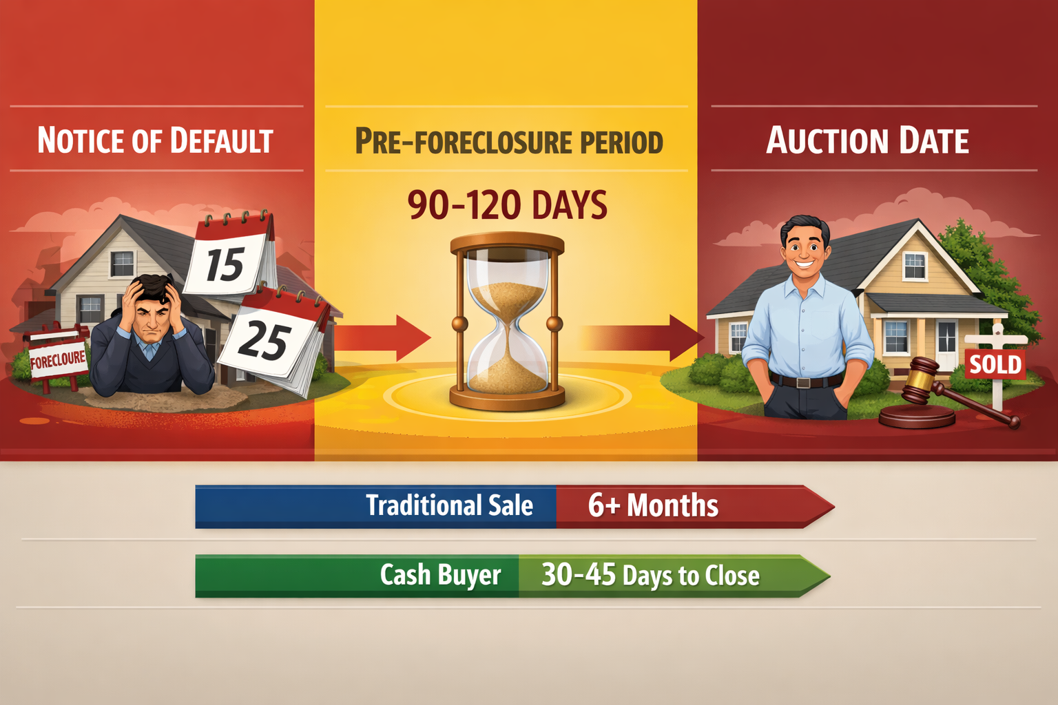 Detailed infographic-style landscape image (1536x1024) showing pre-foreclosure timeline visualization with three distinct phases: Notice of