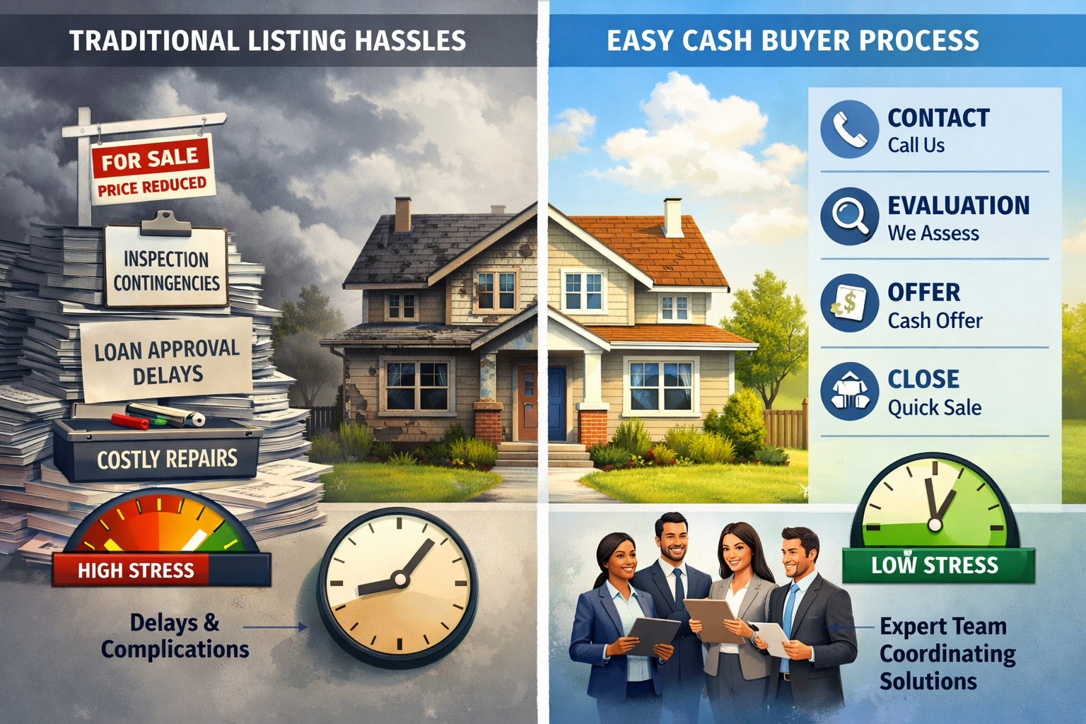Educational landscape illustration (1536x1024) depicting the cash offer process for pre-foreclosure properties. Split-screen composition: le