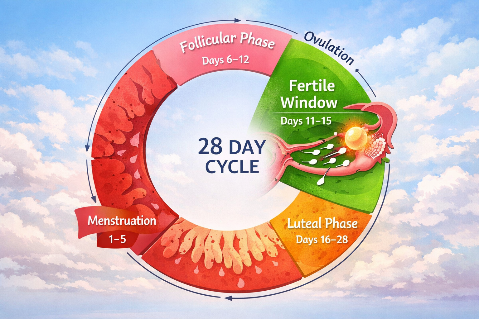 Detailed landscape format (1536x1024) image depicting the menstrual cycle and the fertile window. It shows a cyclical diagram of a 28-day me