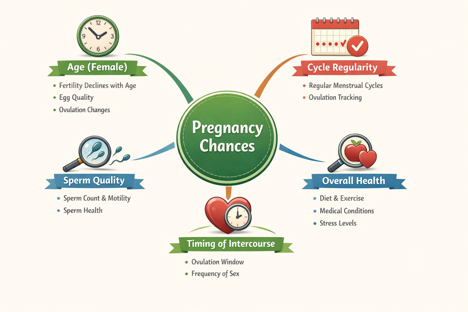 Detailed landscape format (1536x1024) image showing various factors influencing pregnancy chances, presented as a clear flowchart or mind ma