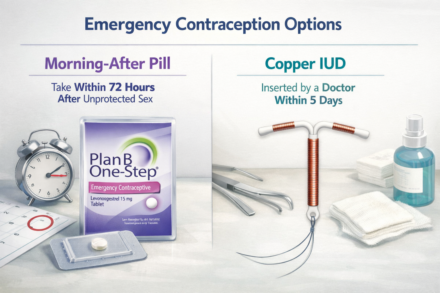 Detailed landscape format (1536x1024) image illustrating emergency contraception (EC) options. The image features two distinct options: a pa