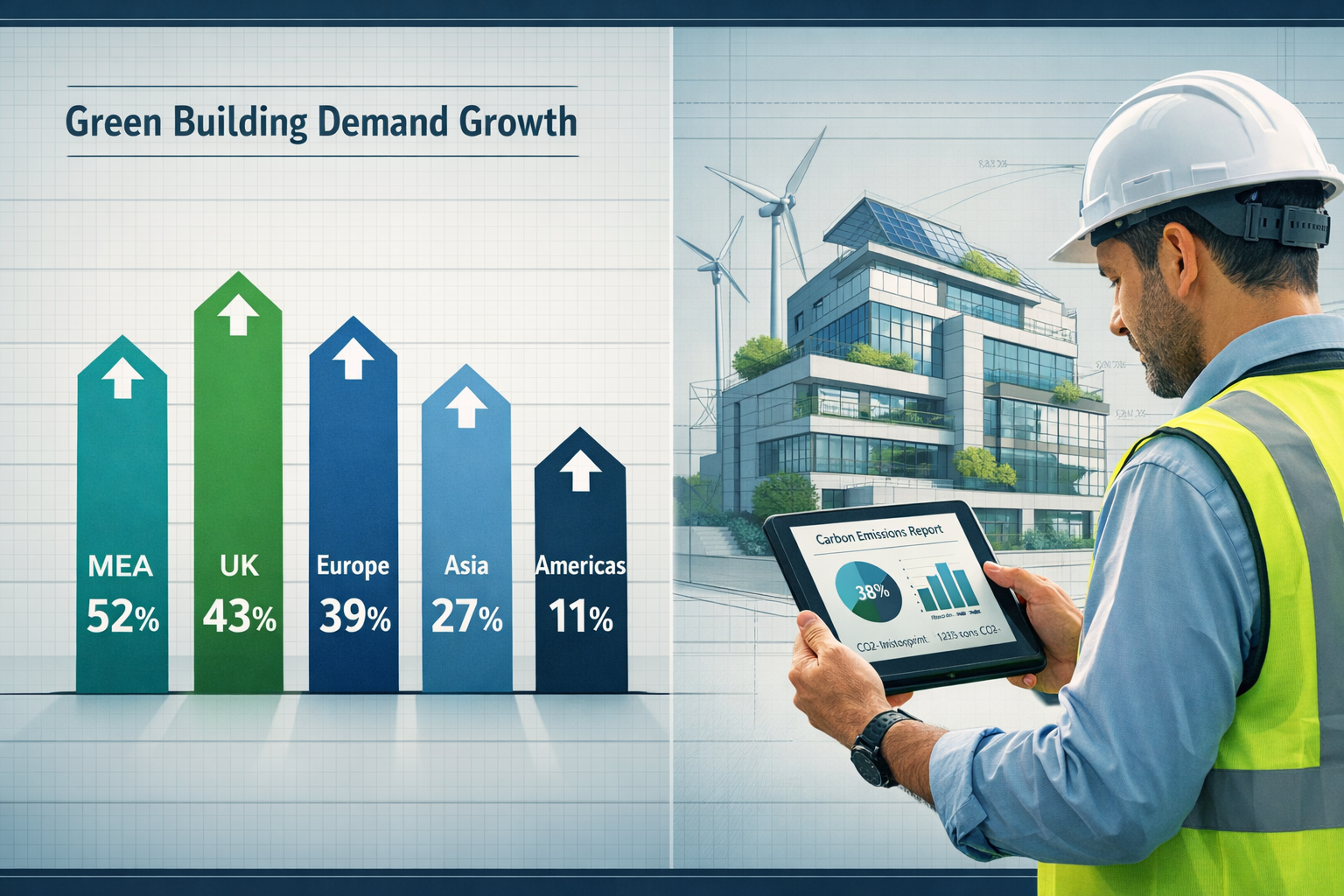 Wide-angle infographic-style landscape image () showing a split-screen data visualization: left side displays a bar chart