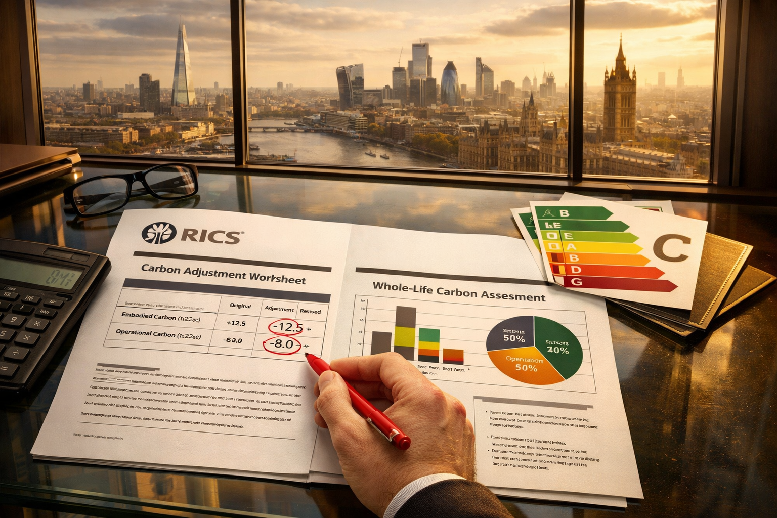 Aerial perspective landscape image () of a property valuation scene: a RICS-branded document spread on a glass desk showing