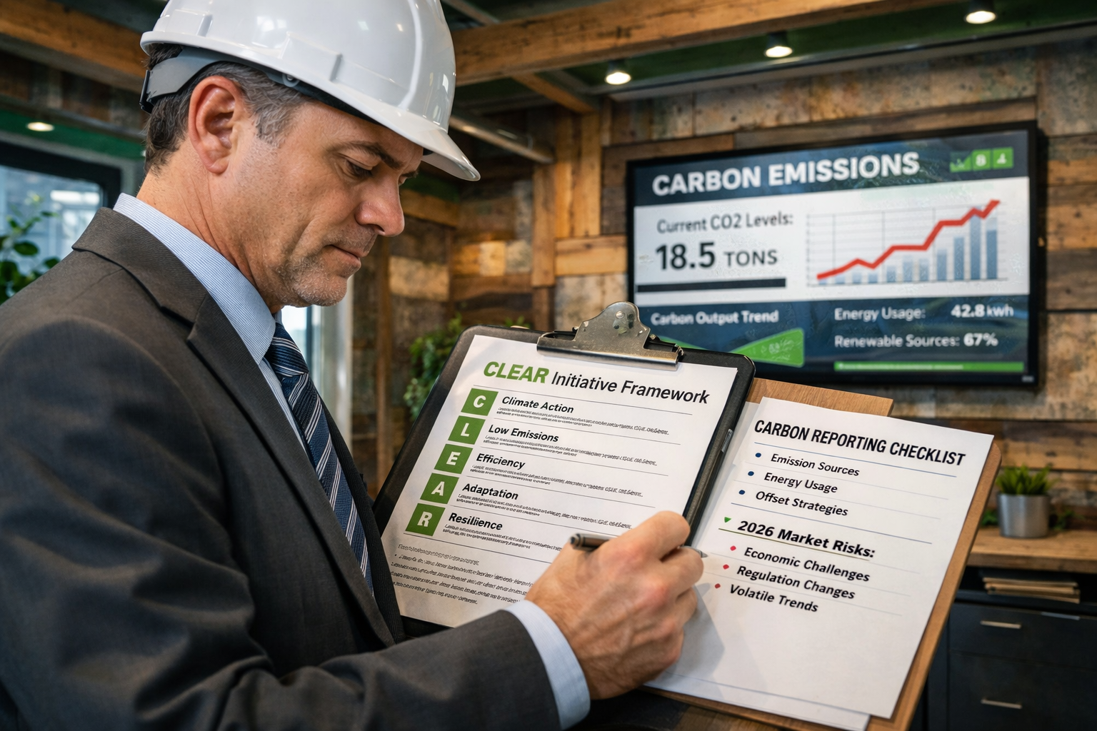 Close-up landscape image () of a professional property surveyor in a hard hat and suit standing inside a newly constructed