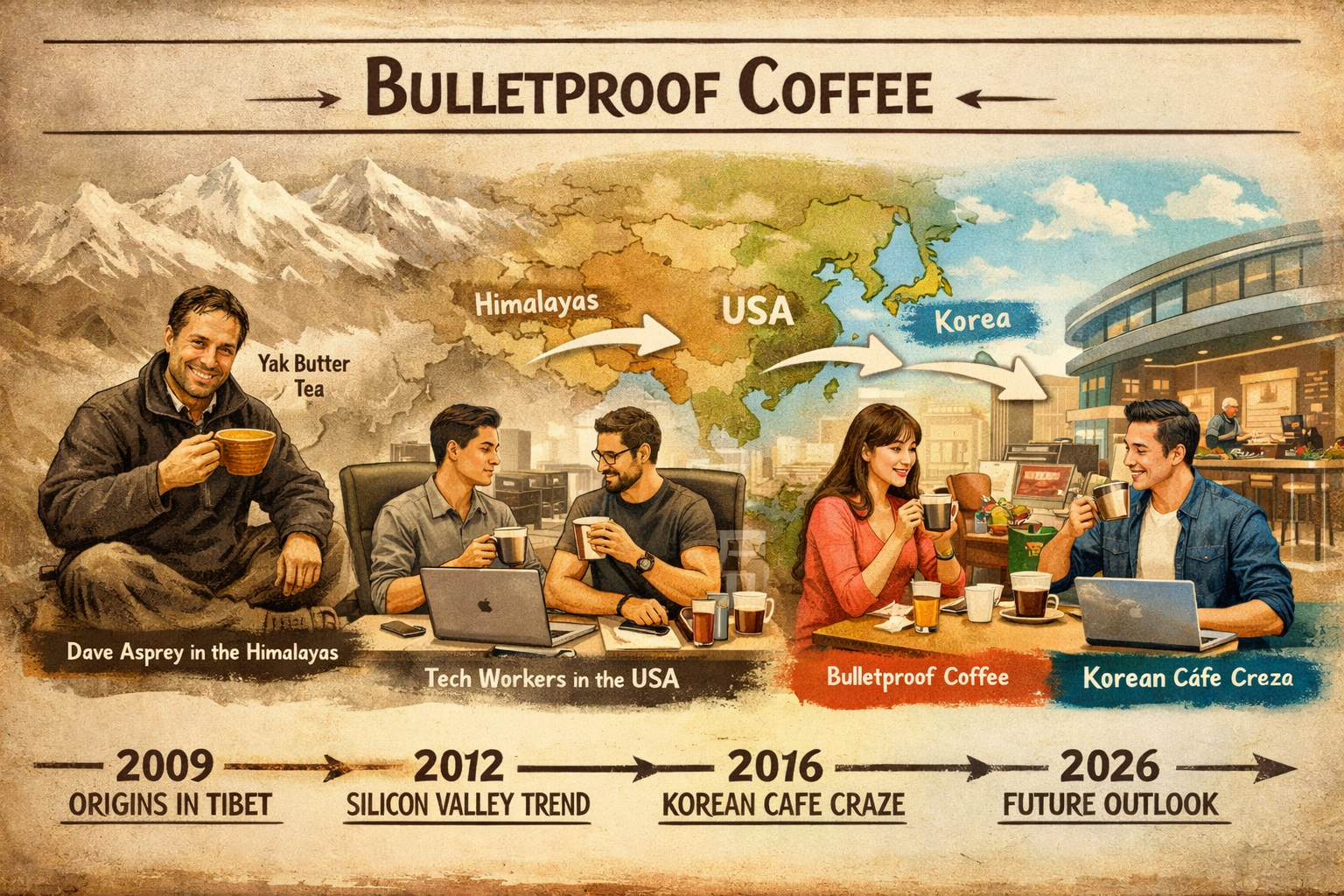 Historical timeline infographic showing bulletproof coffee evolution from 2009 to 2026, featuring Dave Asprey's photo in Tibet with yak butt