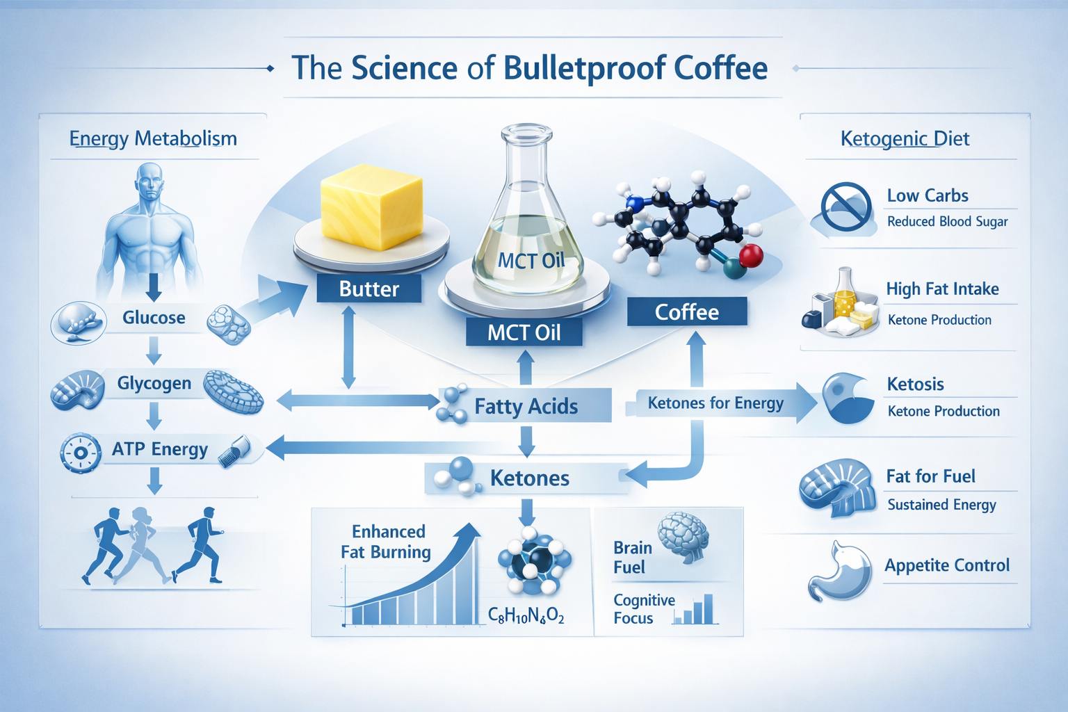 방탄커피 레시피의 과학적 원리를 시각적으로 설명하는 정교한 인포그래픽. 중앙에 버터, MCT 오일, 커피 분자 구조를 과학적 3D 다이어그램으로 표현. 흰색과 파란색 색조의 깨끗한 실험실 스타일 레이아웃. 각 성분의 대사 경로와 에너지 생성 메커니즘을
