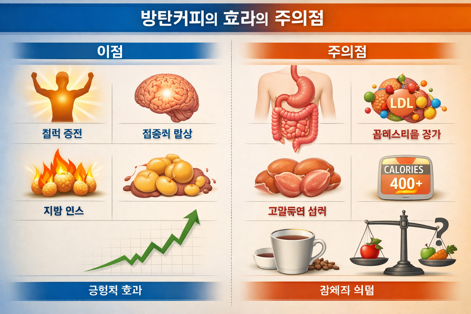 Scientific illustration showing health benefits and potential side effects of bulletproof coffee, split-screen composition: left side displa