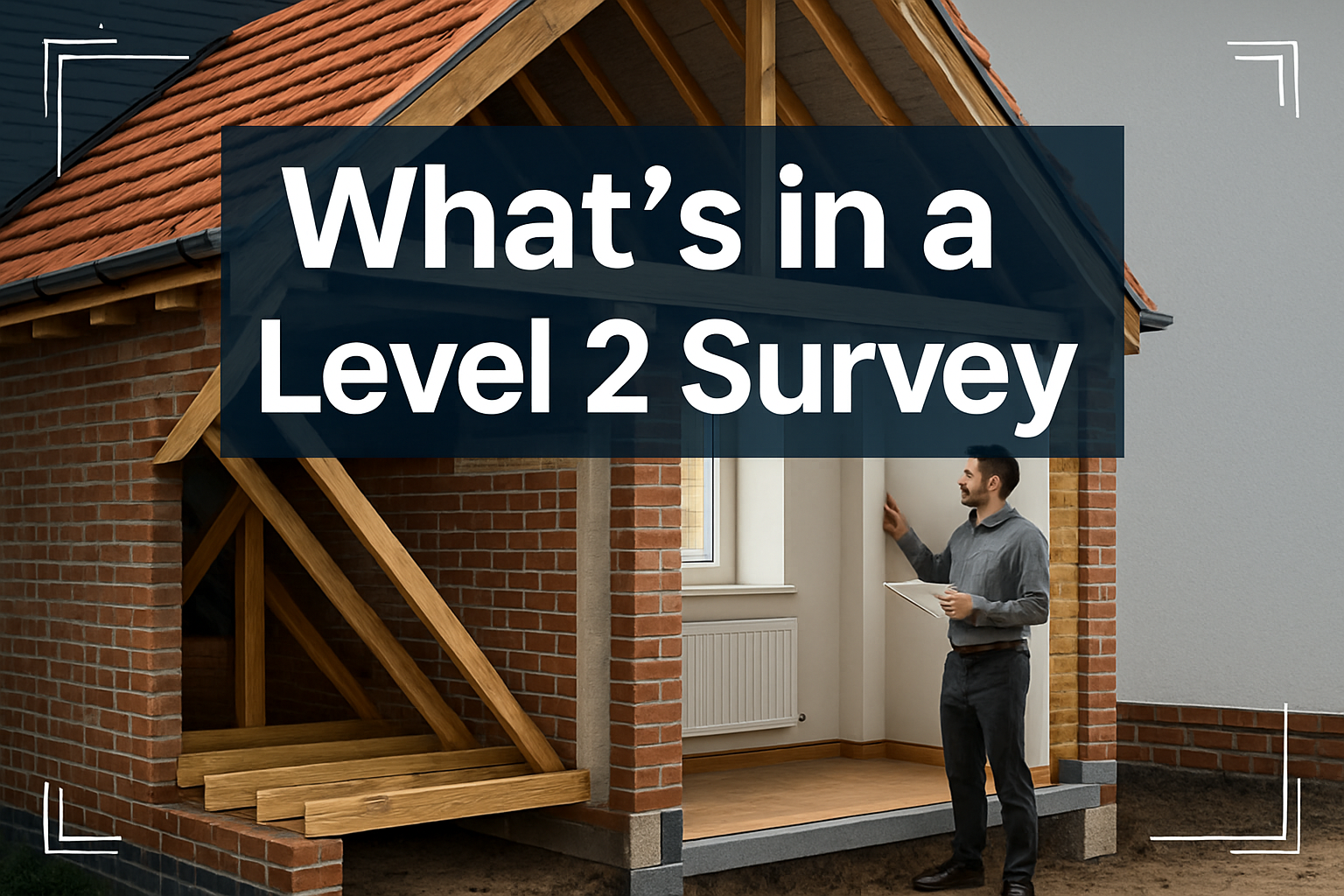 Professional landscape hero image (1536x1024) featuring bold text overlay 'What's in a Level 2 Survey' in extra large 72pt white sans-serif