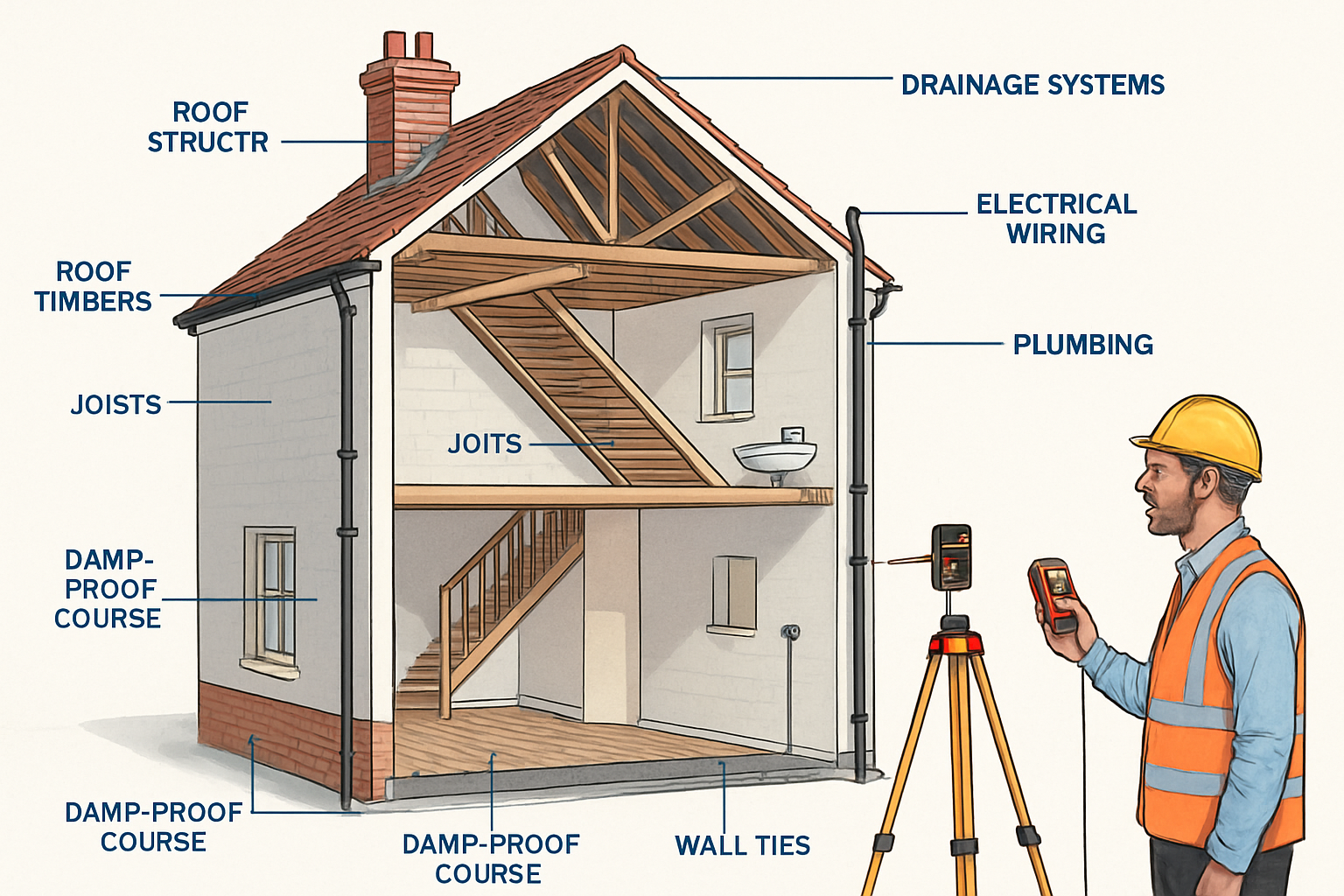 Detailed editorial illustration (1536x1024) showing cutaway cross-section view of a two-story British residential property with labeled stru