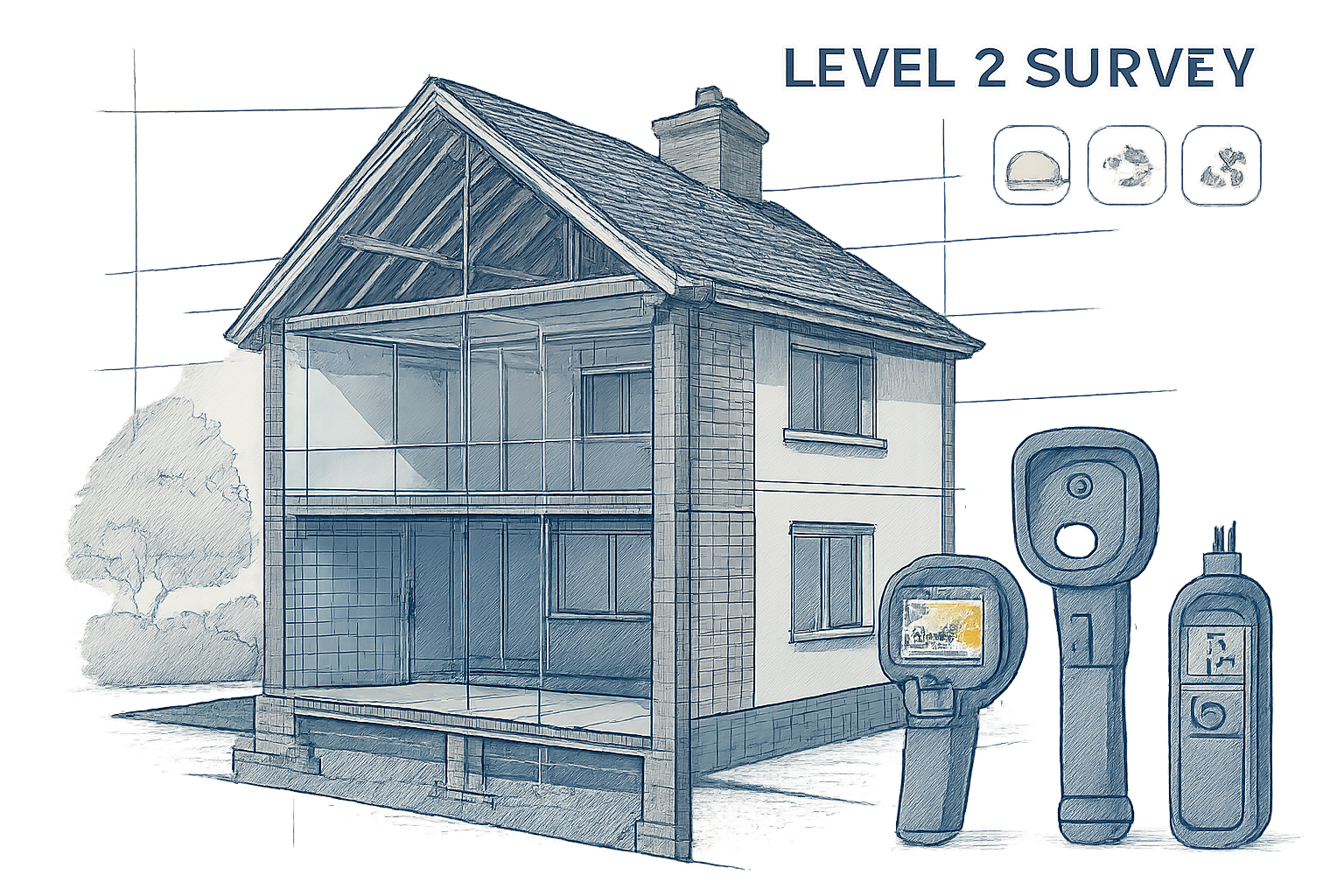 Editorial-style architectural cross-section illustration showing a detailed Level 2 Survey assessment, highlighting structural layers and in