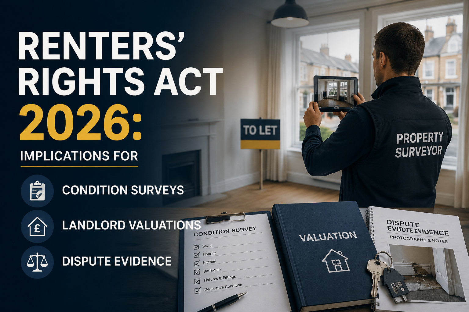 Professional landscape hero image () with : "Renters' Rights Act 2026: Implications for Condition Surveys, Landlord