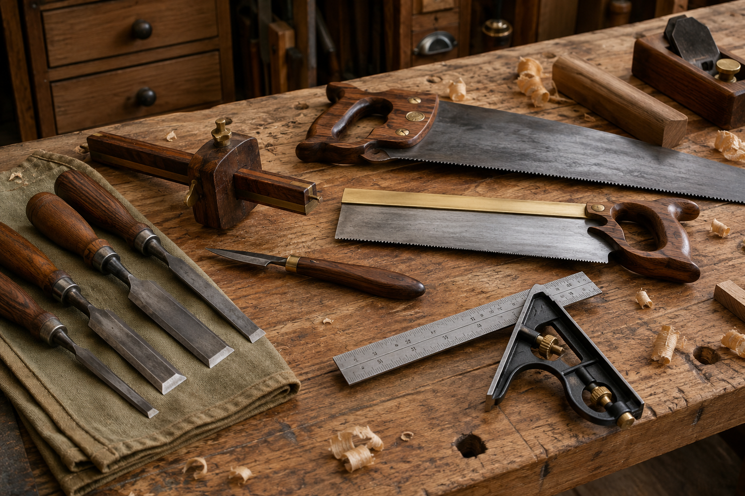 A meticulously arranged woodworking workbench displaying essential hand tool joinery tools: vintage wooden marking gauge,