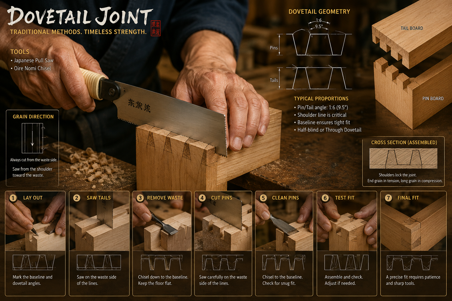 Dynamic illustration demonstrating fundamental hand tool joinery techniques: close-up of master craftsman's hands executing