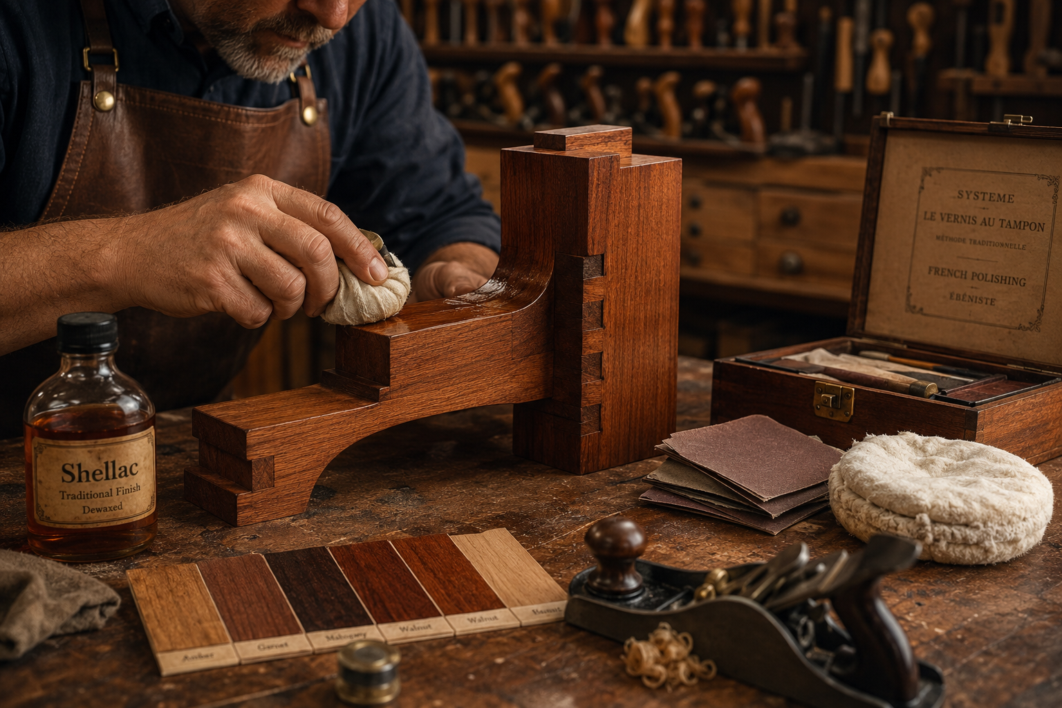 Sophisticated workshop scene showcasing advanced hand tool joinery finishing techniques: craftsman applying hand-rubbed