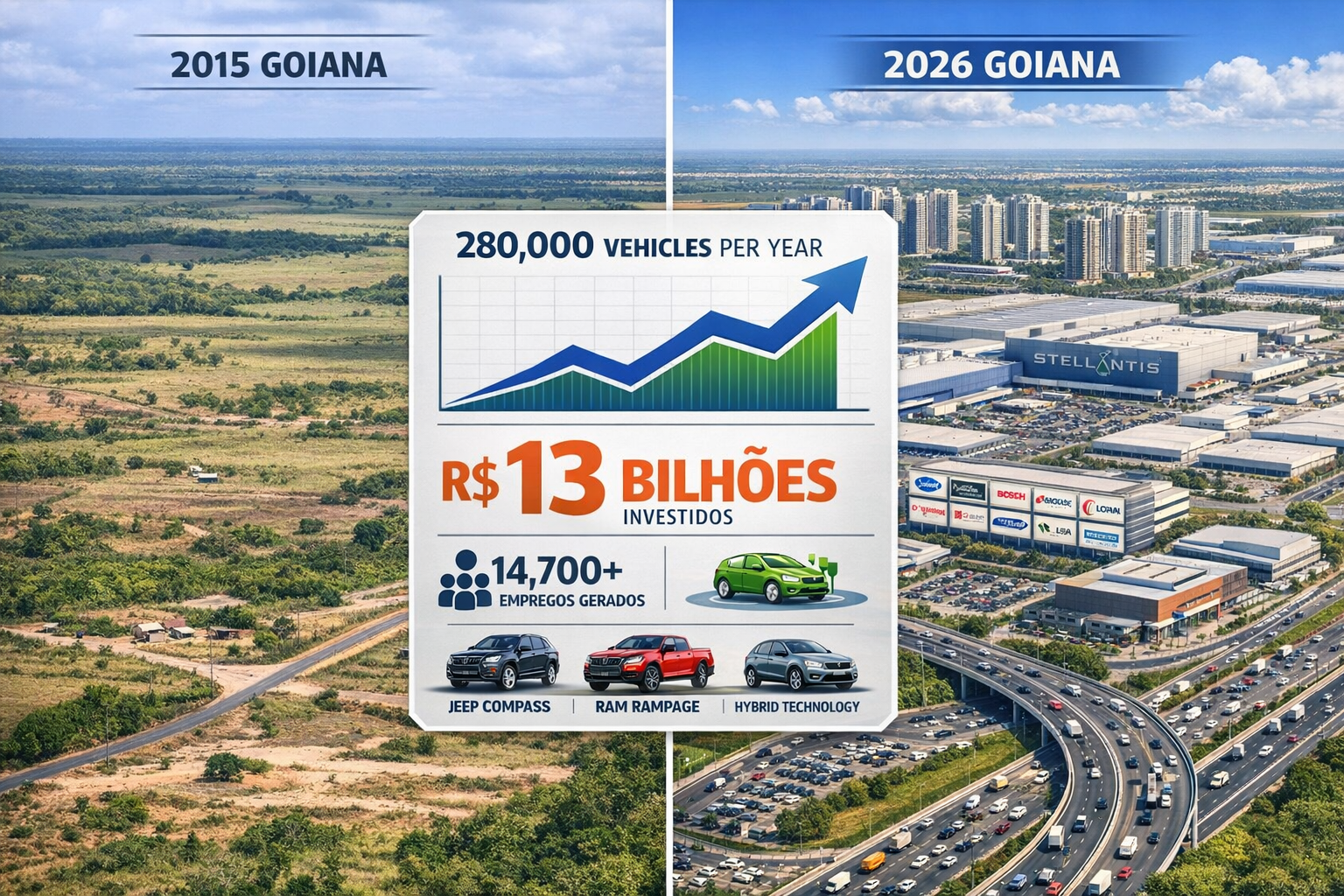 Detailed () image showing split-screen comparison of Goiana's transformation: left side displays 2015 undeveloped land with