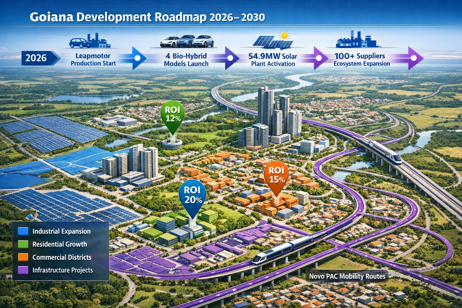 Detailed () futuristic visualization of Goiana 2026-2030 development roadmap: central aerial map showing Goiana municipality