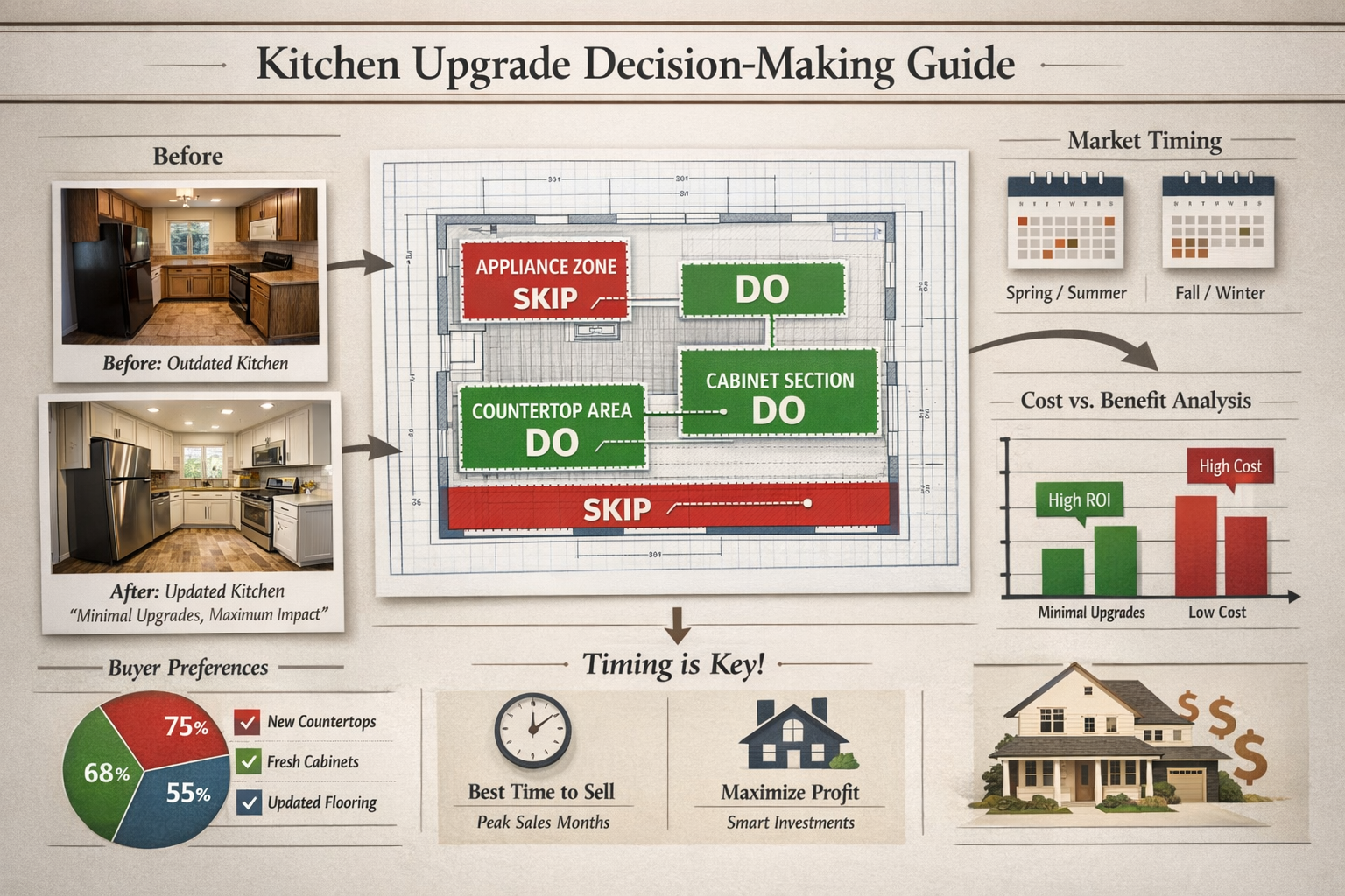 Professional landscape illustration (1536x1024) depicting kitchen upgrade decision-making framework with visual flowchart. Center shows kitc