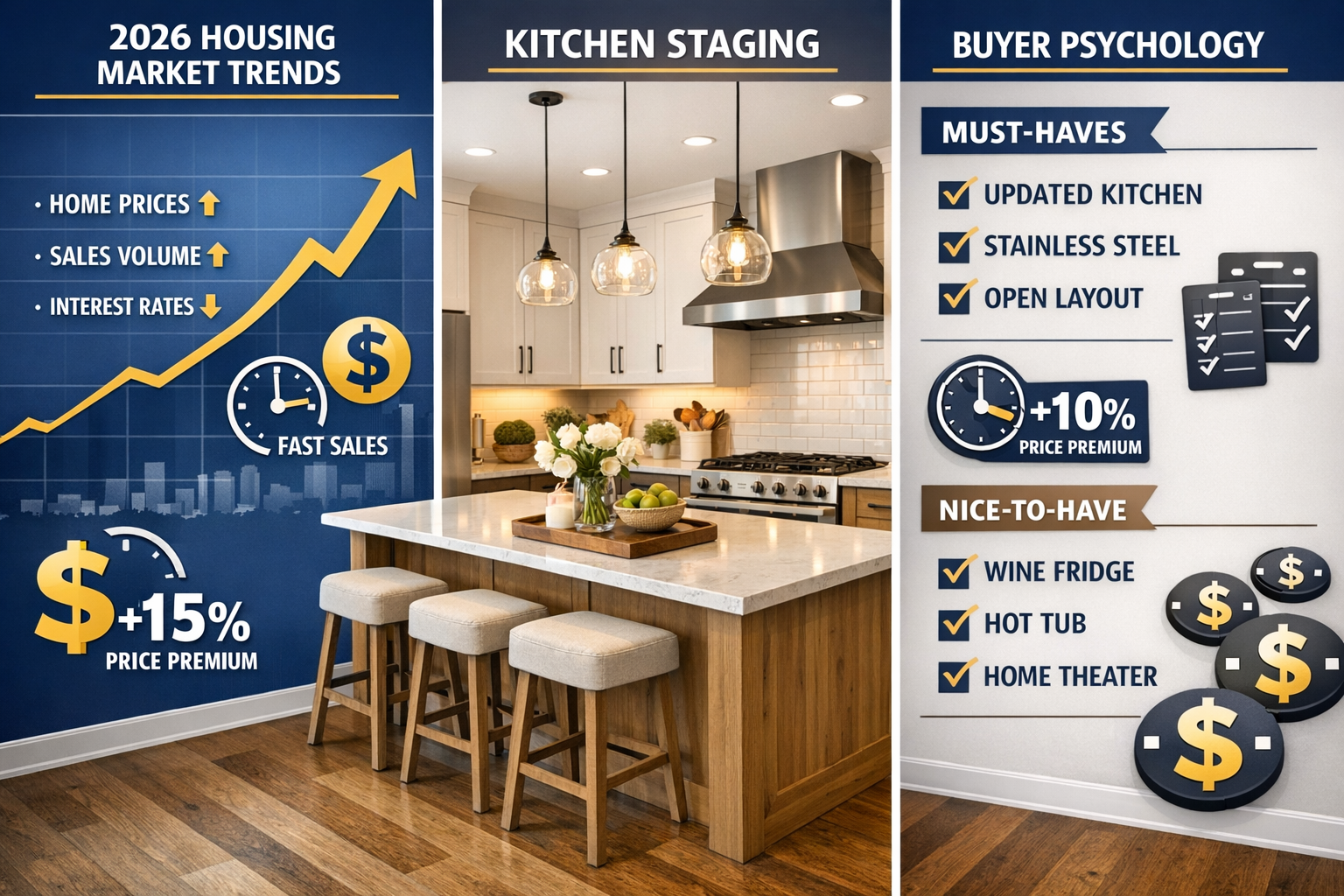 Detailed landscape composition (1536x1024) showing real estate market dynamics and kitchen selling strategy. Split three-panel layout: left 