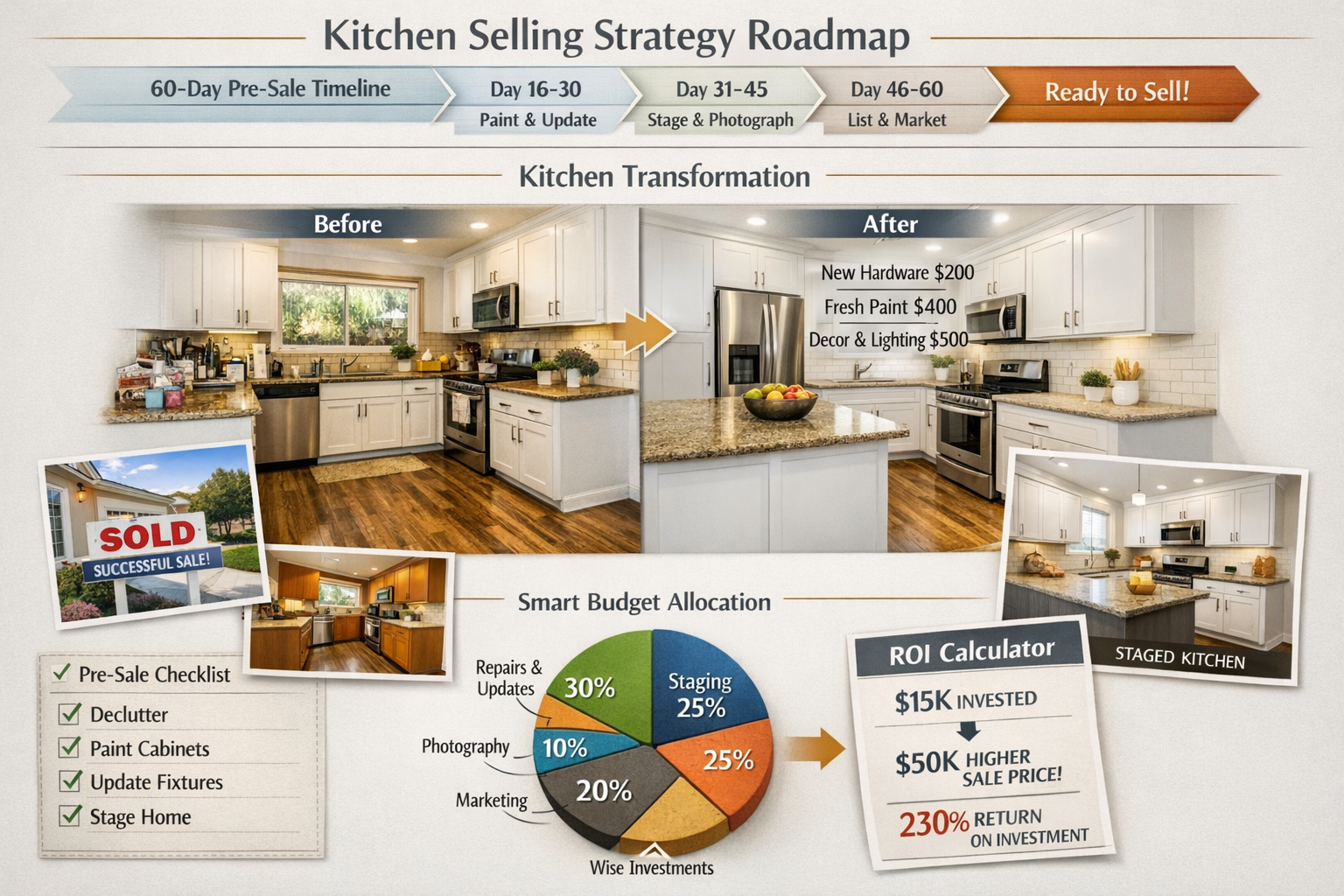 Landscape editorial image (1536x1024) featuring actionable kitchen selling strategy roadmap. Top section displays timeline graphic showing 6