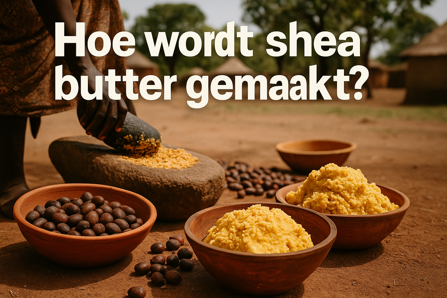 Hoe wordt shea butter gemaakt? Een Complete Gids over het Productieproces 1 Professional landscape hero image (1536x1024) featuring bold text overlay 'Hoe wordt shea butter gemaakt?' in extra large 72pt white sans-se