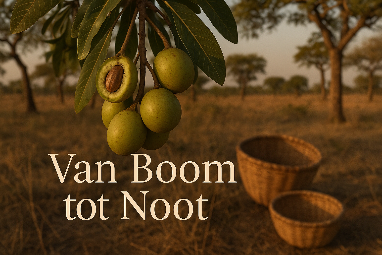 Hoe wordt shea butter gemaakt? Een Complete Gids over het Productieproces 2 Detailed landscape image (1536x1024) showing close-up of fresh shea fruits hanging from Vitellaria paradoxa tree branches in West African sa