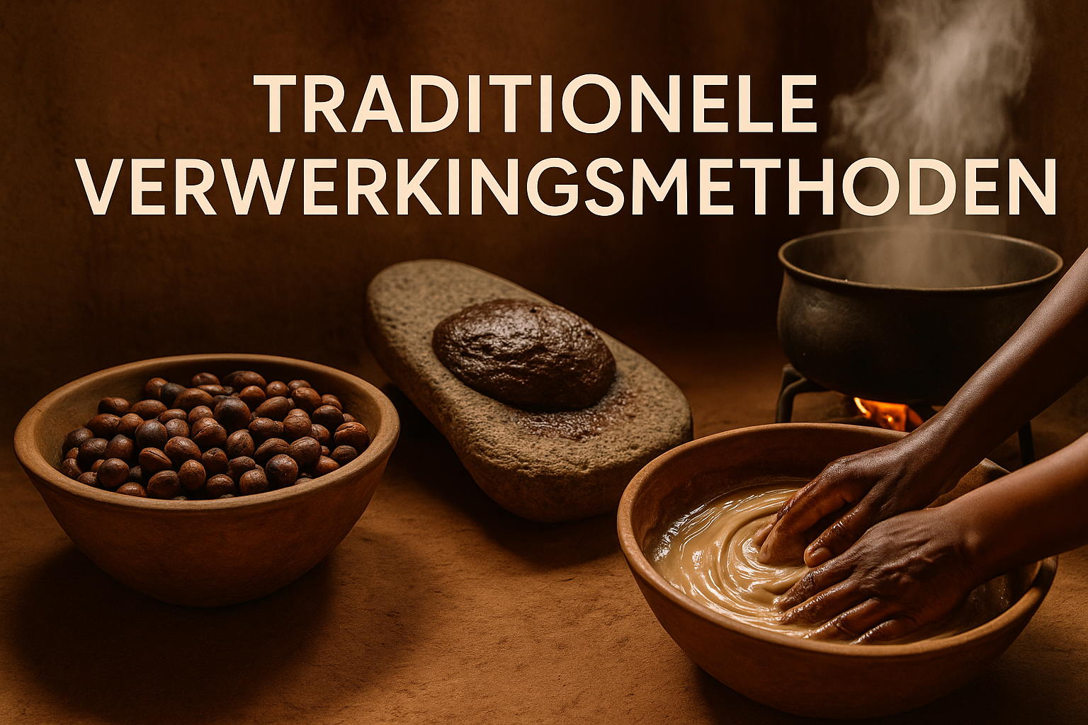 Hoe wordt shea butter gemaakt? Een Complete Gids over het Productieproces 3 Professional landscape composition (1536x1024) depicting traditional shea butter production process stages: roasted shea kernels in clay bow