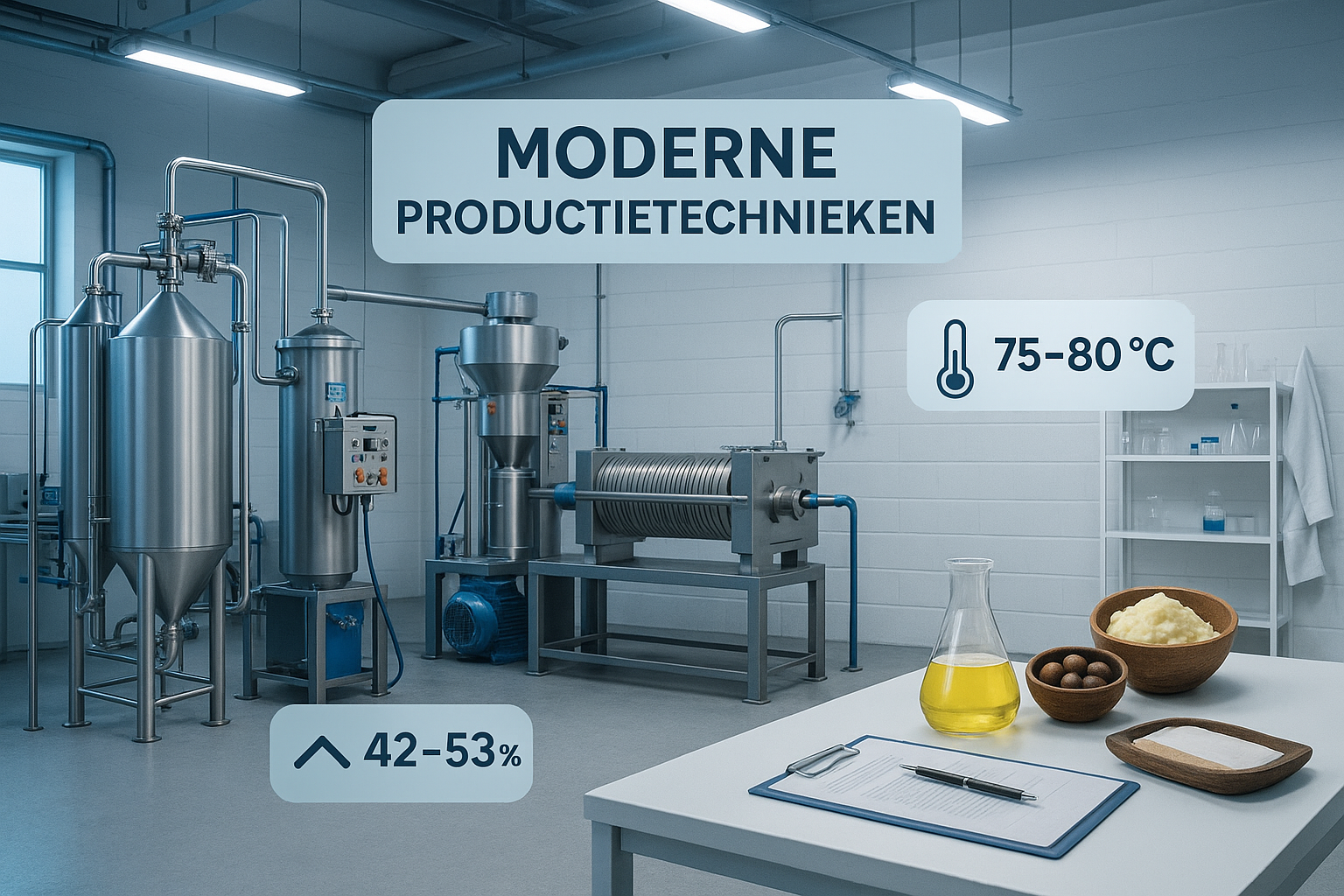 Hoe wordt shea butter gemaakt? Een Complete Gids over het Productieproces 4 Modern landscape image (1536x1024) showing industrial shea butter production facility with stainless steel extraction equipment, hot-press m