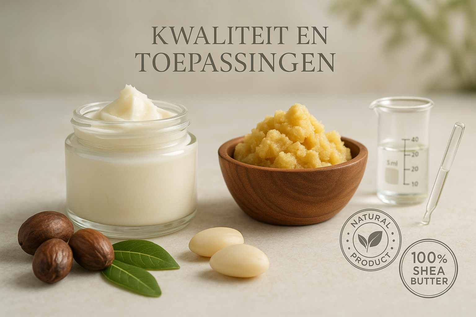 Hoe wordt shea butter gemaakt? Een Complete Gids over het Productieproces 5 High-quality landscape photograph (1536x1024) featuring creamy white refined shea butter in elegant glass jar, golden unrefined shea butter