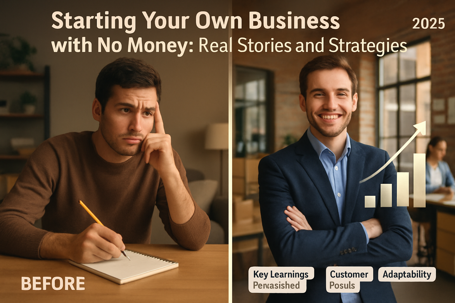 A dynamic split-screen image (1536x1024) contrasting 'Before' and 'After' scenarios for entrepreneurs who started with no money, specificall