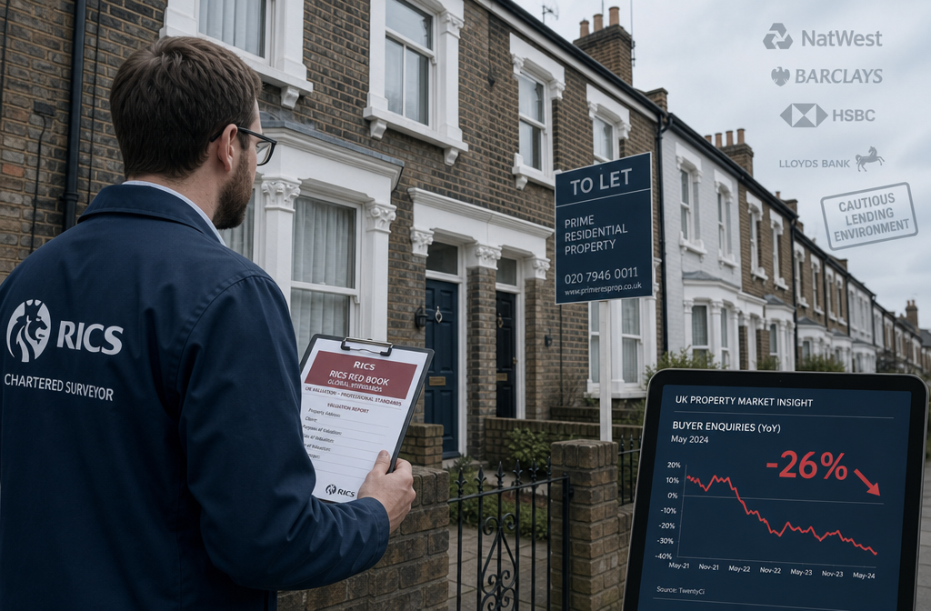 Wide-angle editorial illustration of a UK property valuation scene: a chartered surveyor in professional attire examining a