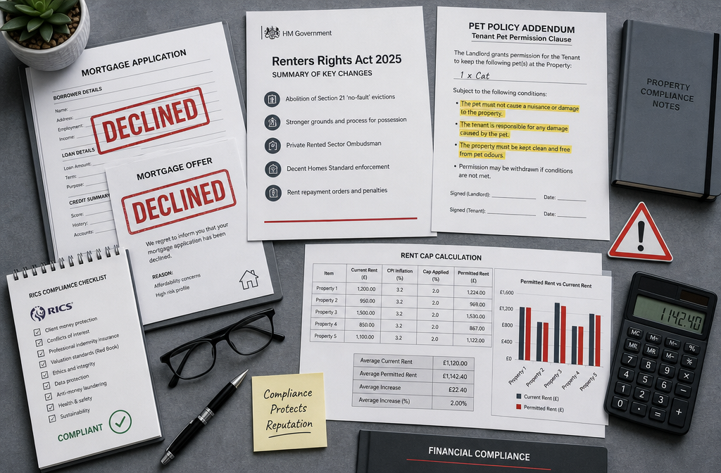 Overhead flat-lay composition of a professional desk showing mortgage lending documents with red DECLINED stamps, Renters
