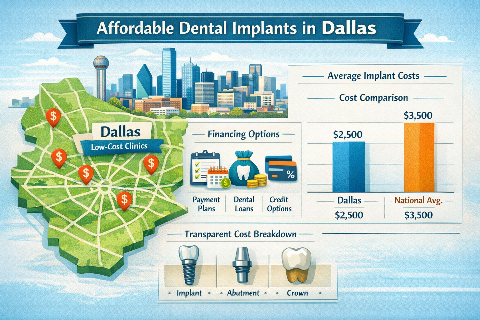 A visually engaging infographic in () illustrating the factors that contribute to the affordability of dental implants in