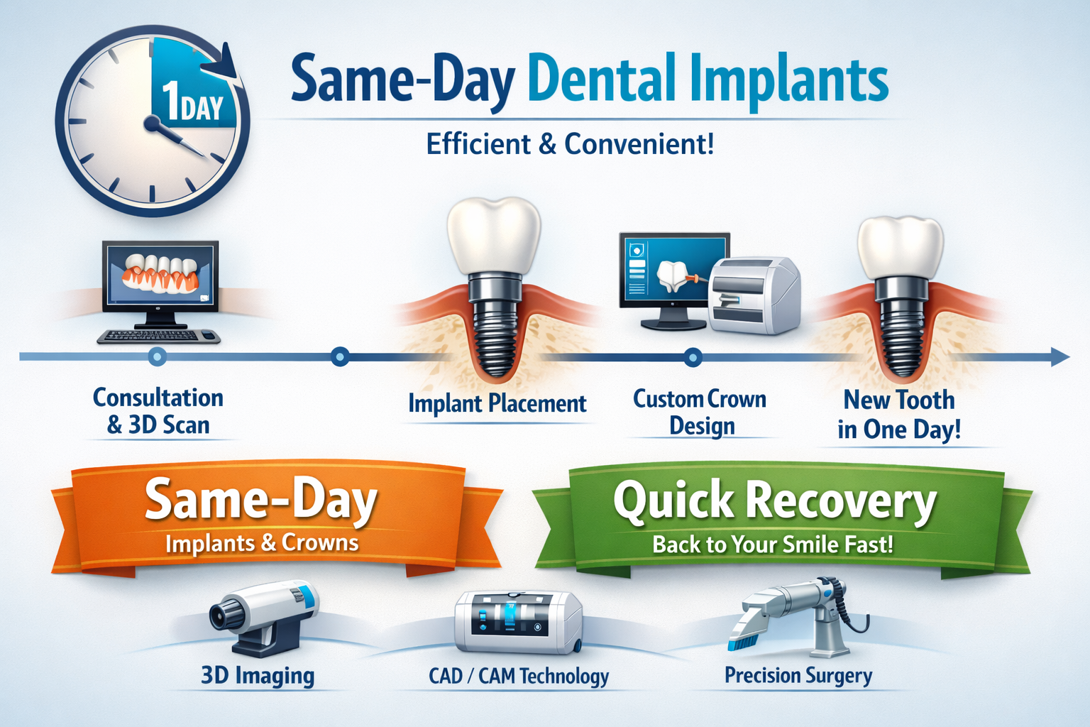 A detailed infographic in () showing the timeline and process for same-day dental implants, emphasizing efficiency and