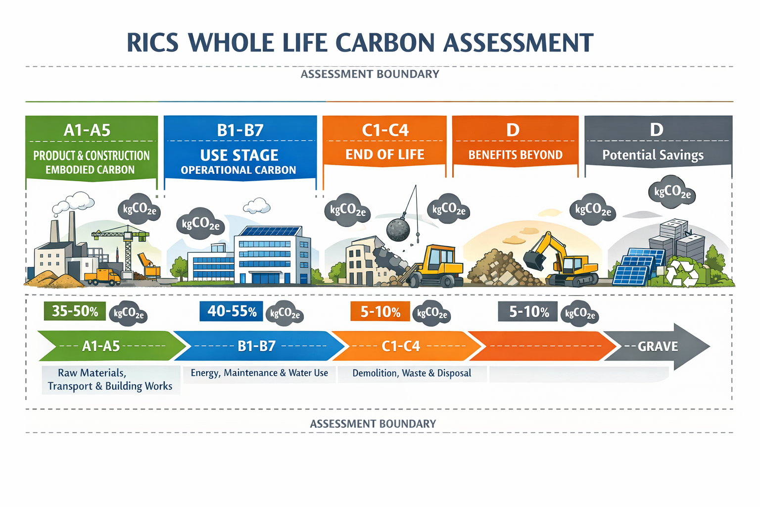 () detailed infographic showing the RICS Whole Life Carbon Assessment framework with five distinct lifecycle stages: A1-A5