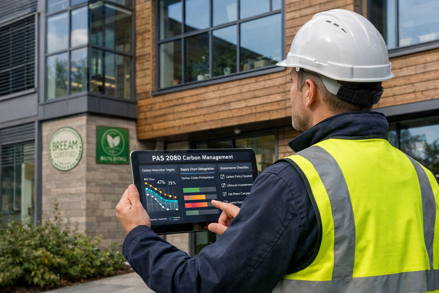 () photograph of UK property surveyor conducting on-site building assessment with digital tablet displaying PAS 2080 carbon