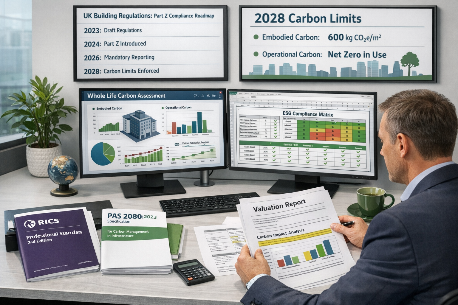 () professional office scene showing RICS surveyor preparing valuation report with integrated whole life carbon data. Desk