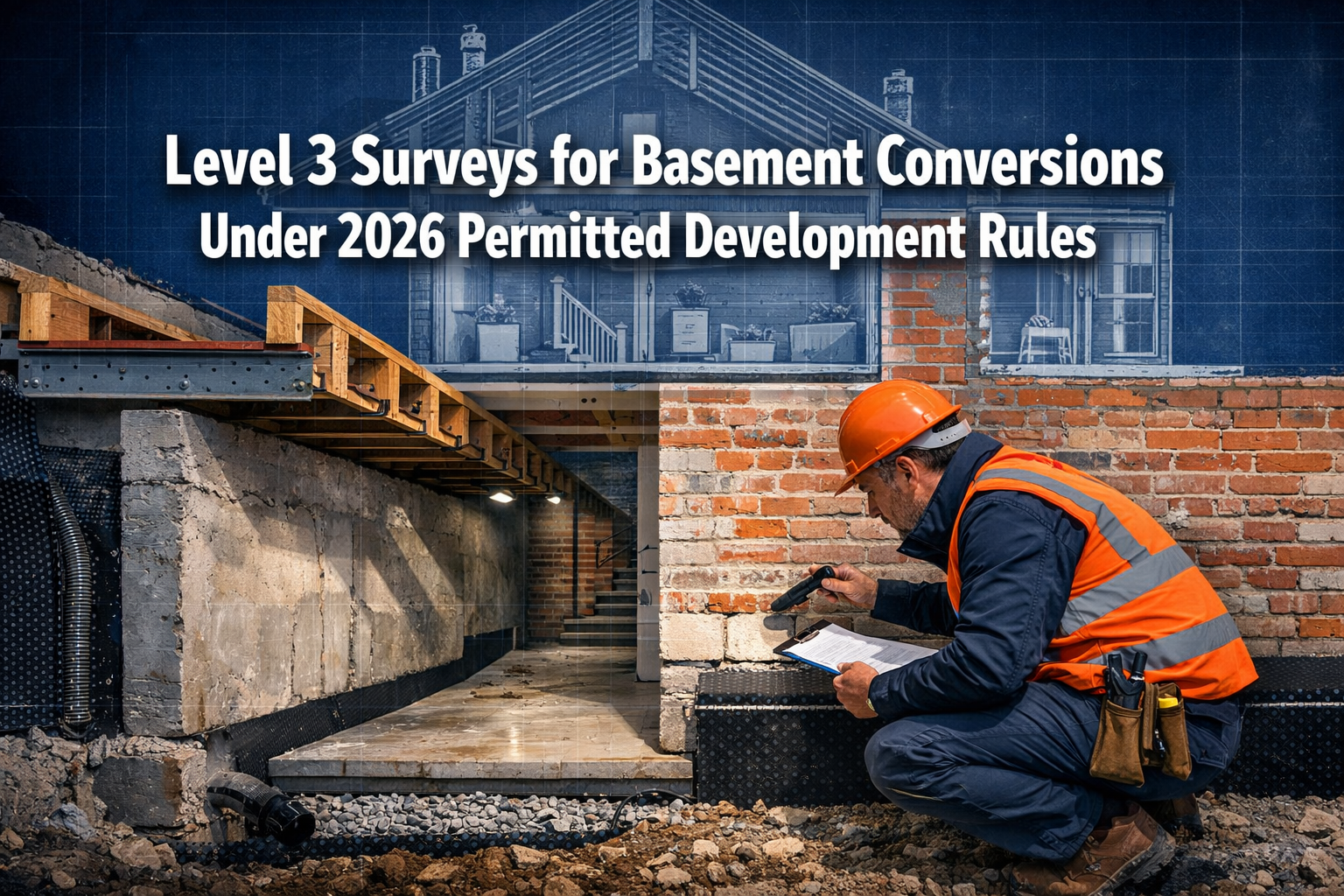 Professional () hero image with 'Level 3 Surveys for Basement Conversions Under 2026 Permitted Development Rules' in extra