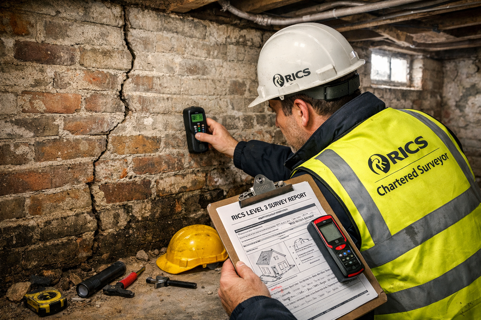 () editorial image showing RICS chartered surveyor in hard hat conducting detailed Level 3 building survey inspection inside