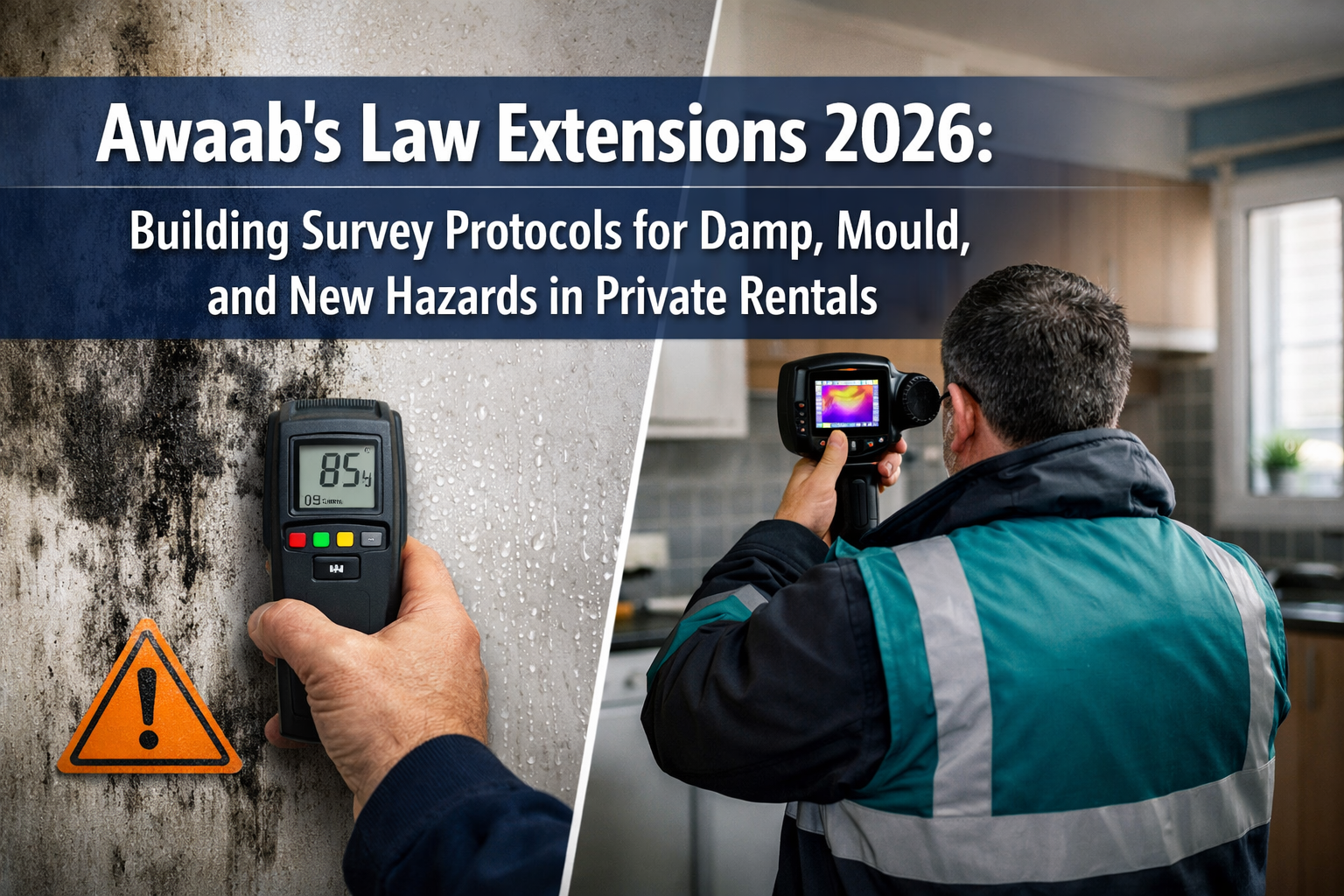 Professional () hero image featuring 'Awaab's Law Extensions 2026: Building Survey Protocols for Damp, Mould, and New