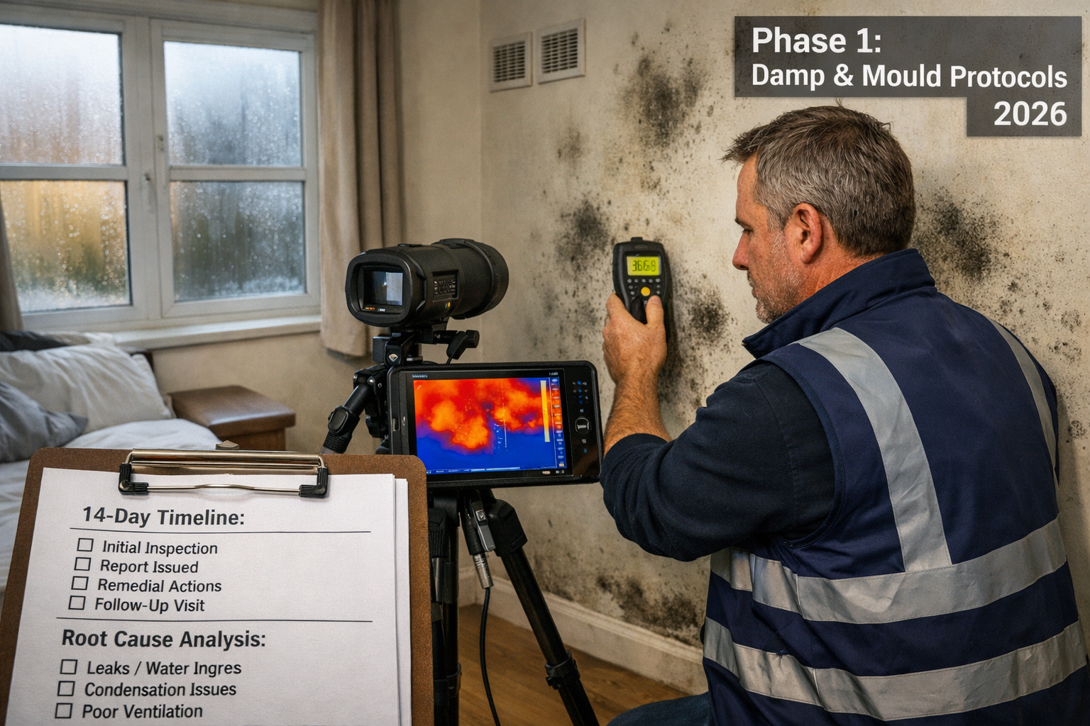 Detailed () image showing professional building surveyor conducting comprehensive damp and mould inspection in private
