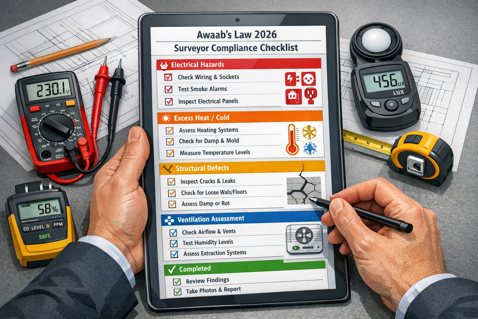Detailed () infographic-style image displaying comprehensive surveyor compliance checklist for Awaab's Law 2026 hazard